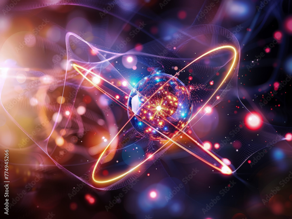 A colorful, glowing sphere with a red and blue circle around it A colorful, glowing sphere with a red and blue circle around it