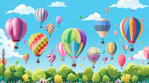 Whimsical hot air balloon festival with colorful balloons and joyful crowd.