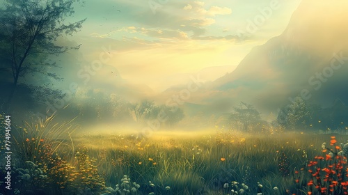 Oil painting of a field with sun rays and dew drops in a morning landscape photo