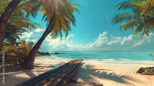 a wooden beach in the sun at a tropical beach