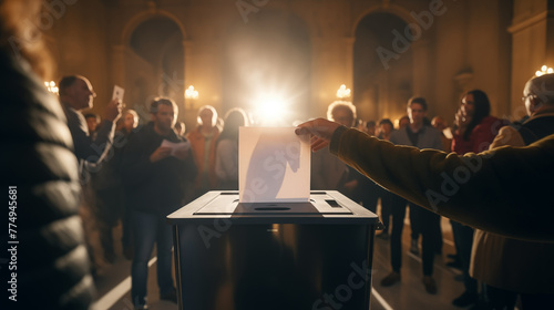 Elevated Perspective of a Voter Casting a Ballot in a Crowded Hall Generative AI