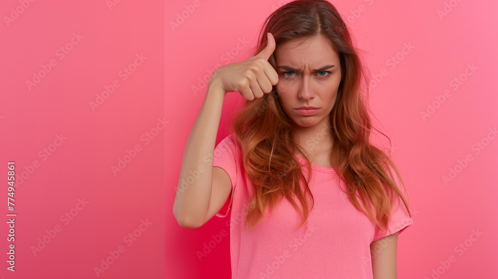 Young woman showing thumbs down gesture on pink color background. Negative human emotion, facial expression professional photography Young woman showing thumbs down gesture on pink color background. Negative human emotion, facial expression professional photography