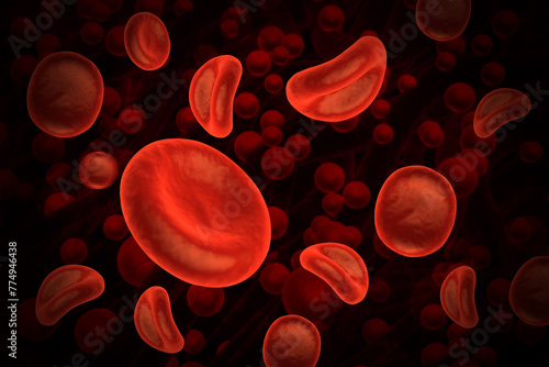 Red blood cells floating through blood and circulating in the vessels. 3d illustration photo