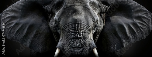 Close up elephant on gray background, wide horizontal panoramic banner with copy space, or web site header with empty area for text.