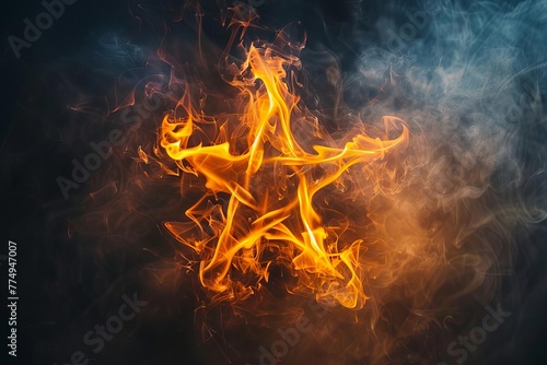 Flaming pentagram star with smoke and mist on black background, spooky witchcraft horror symbol