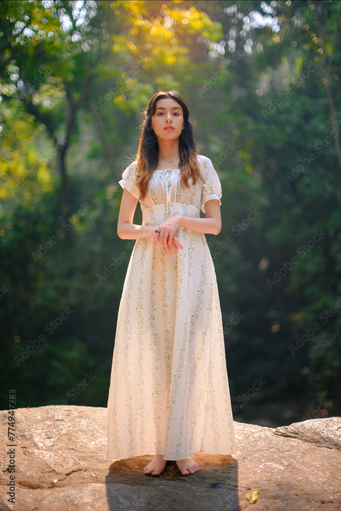 beautiful woman in white dress in deep forest, elf princess fairy tale concept beautiful woman in white dress in deep forest, elf princess fairy tale concept