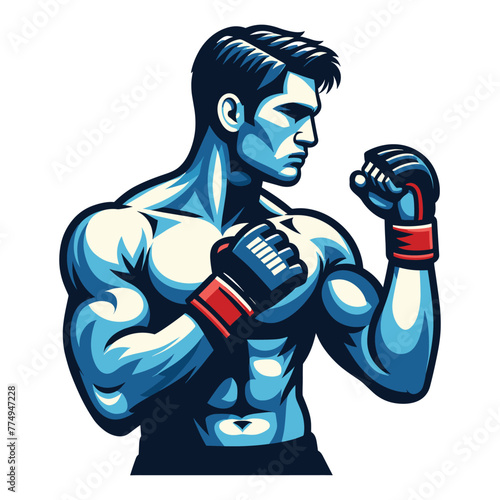 Man mixed martial arts athlete half body design illustration, MMA sport fighter, octagon combat, kicking strike, punching with fist. vector template isolated on white background