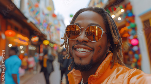 Stylish young man with sunglasses smiling on a vibrant city street, festive atmosphere with blurred background.