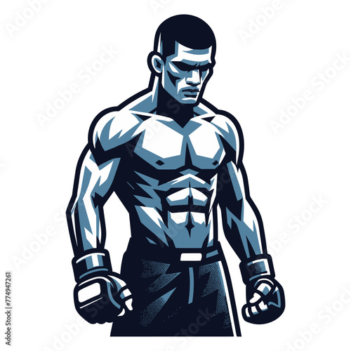 Man mixed martial arts athlete half body design illustration, MMA sport fighter, octagon combat, kicking strike, punching with fist. vector template isolated on white background © lartestudio