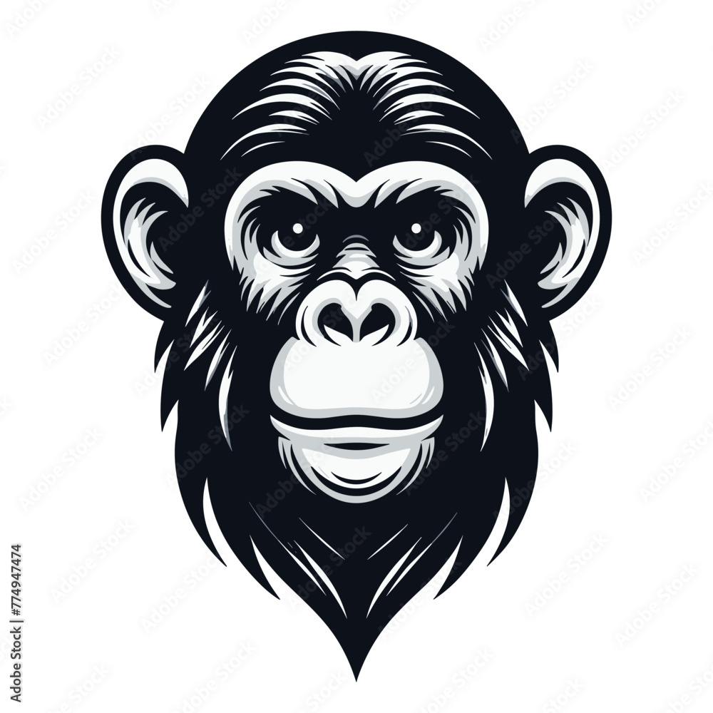 Monkey ape chimpanzee head face design illustration, monkey logo mascot illustration concept, wild animal primate, vector template isolated on white background