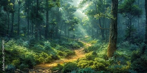 In the mystical forest  sunlight filters through the fog  creating an enchanting scene.