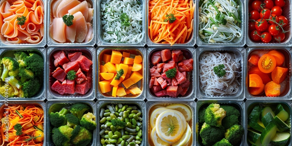 A diverse selection of fresh ingredients in a restaurant kitchen, offering healthy meals and salads. A diverse selection of fresh ingredients in a restaurant kitchen, offering healthy meals and salads.