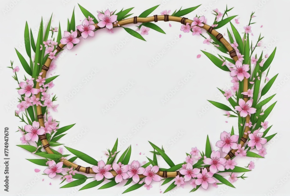 Japanese Bamboo and Sakura Wreath Illustration: Traditional Floral Design