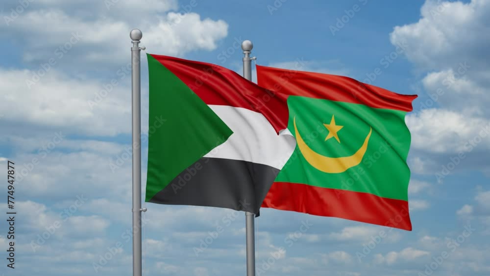 Mauritania and Sudan two flags waving together, looped video, two country cooperation concept Mauritania and Sudan two flags waving together, looped video, two country cooperation concept