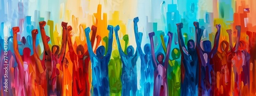 A diverse group of individuals standing in solidarity with their fists raised, set against the backdrop of a vibrant, bustling city.