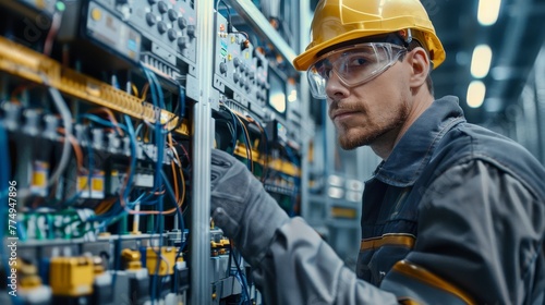 Electrical engineer inspecting electrical system in electrical control room