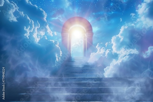 Heavenly stairway leading to glowing gates of Paradise, spiritual ascension concept illustration