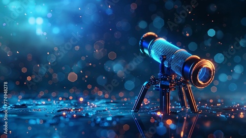 digital blue telescope with glowing data streams symbolizes the utilization of artificial intelligence in astronomical observation and data interpretation.
