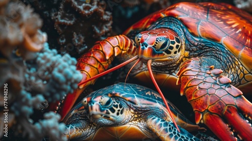 Two turtle and lobster chimera are sitting next to each other on a coral reef  AI
