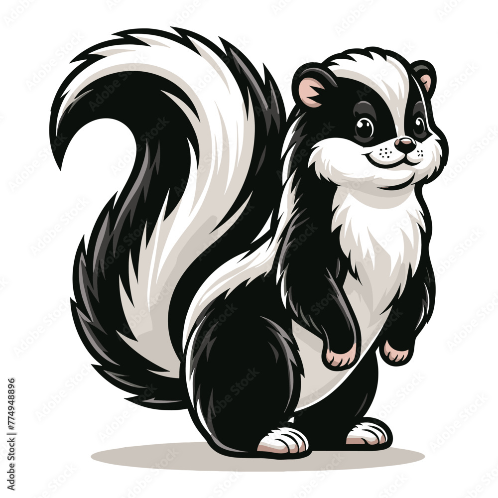 Skunk full body vector illustration, fauna animal concept, wild mammal skunk with a large fluffy tail and black white stripe along the body. Design template isolated on white background Skunk full body vector illustration, fauna animal concept, wild mammal skunk with a large fluffy tail and black white stripe along the body. Design template isolated on white background