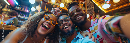 Happy friends taking selfie photo at brewery restaurant - Group of multiracial people enjoying happy hour in arcade - Lifestyle concept with guys and girls hanging out
