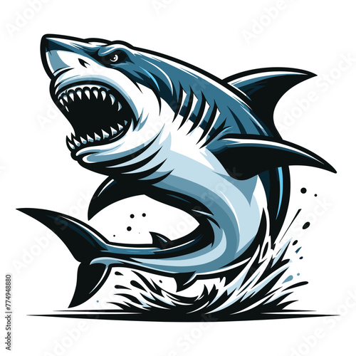 Angry wild great white shark with splash of water vector illustration, marine predator animal element, toothy shark design template isolated on white background