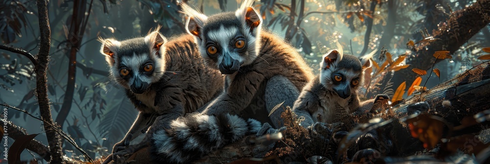 Fototapeta premium Inquisitive lemur family in madagascar rainforest, cinematic moonlit shot in scenic beauty