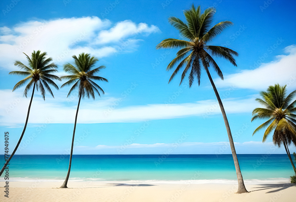 tropical beach with palm trees and blue sky