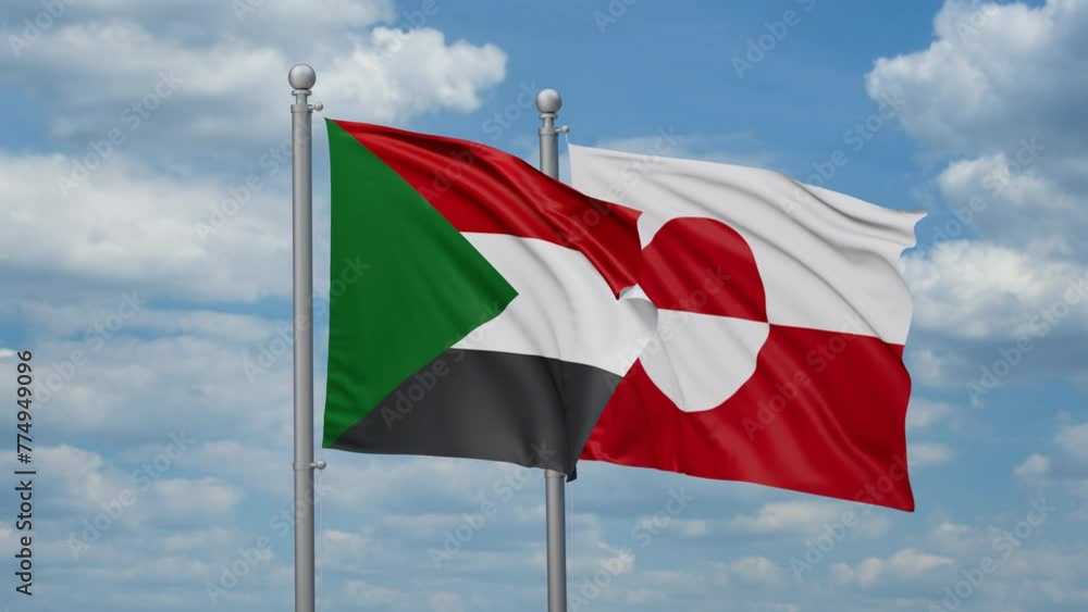 Greenland and Sudan two flags waving together, looped video, two country relations concept Greenland and Sudan two flags waving together, looped video, two country relations concept