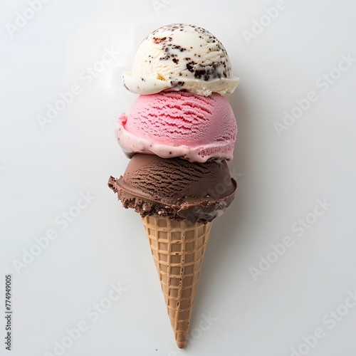 Neapolitan icre cream scoop in a cone photo