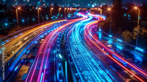 A long exposure photograph of a highway with streaks from cars, AI