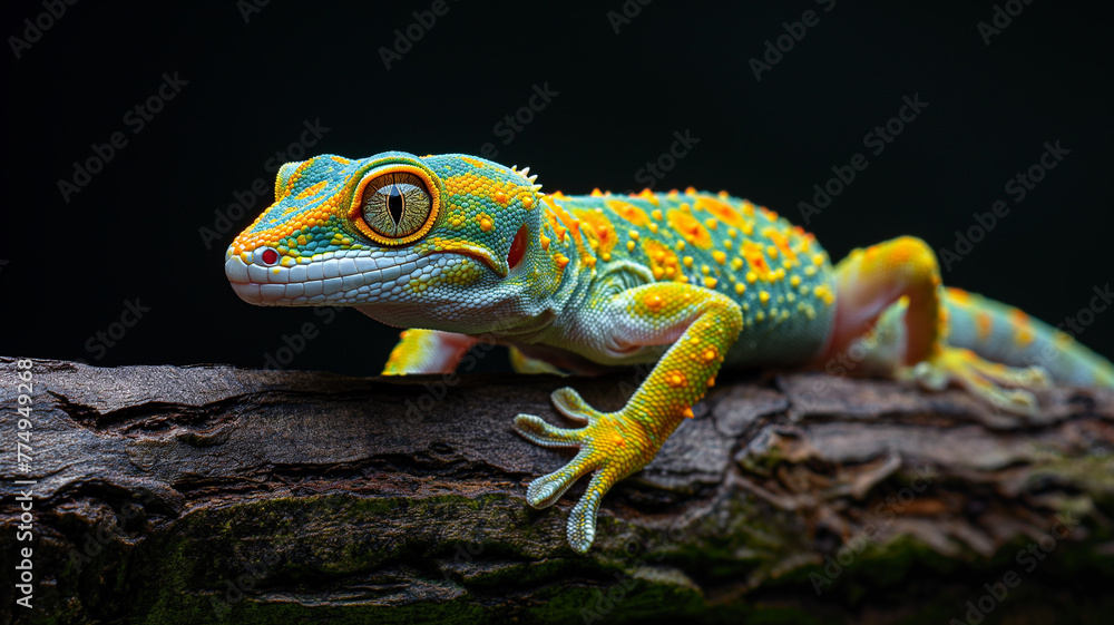Fototapeta premium Colorful gecko lizard, gecko lizard on a thick tree branch, 100% black studio background