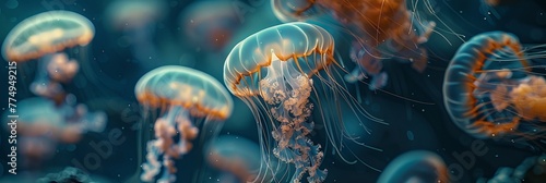 Ethereal jellyfish ballet in ocean depths, photorealistic shot with stunning light effects