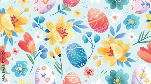 Seamless Easter pattern with pastel-colored flowers and eggs, symbolizing the spirit of the season.