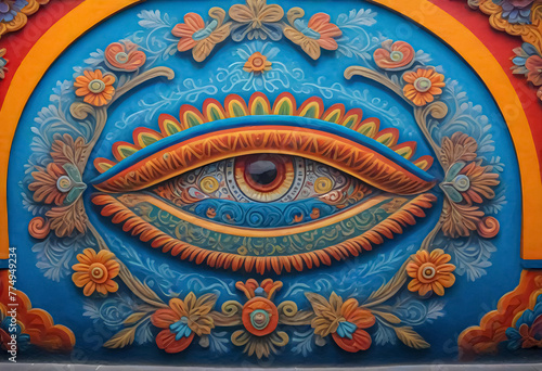 a colorful wall with an eye painted on it photo
