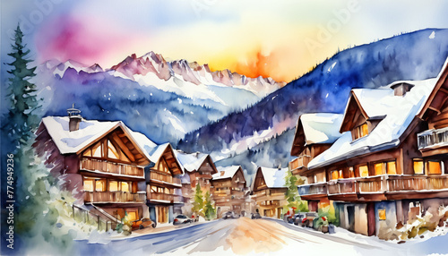 Watercolor Winter Sunset Over Mountain Village