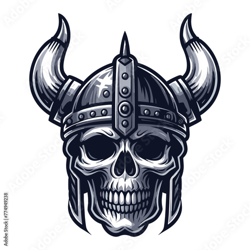 Viking head skull in helmet with horn design illustration, Nordic Scandinavian warrior, suitable for t-shirt, tattoo, logo design. Vector template isolated on white background