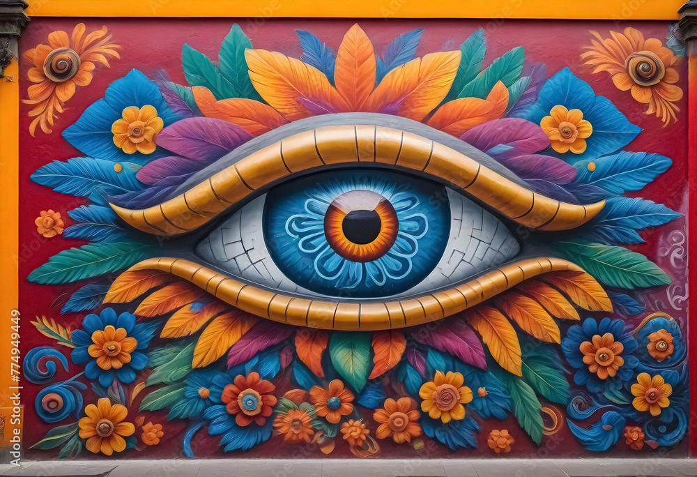 a colorful mural of an eye with flowers and leaves