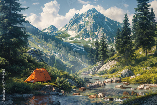 Picturesque mountain camping scene with a tent beside a crystal-clear mountain stream.