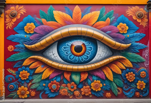 a colorful mural of an eye with flowers and leaves photo