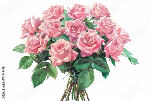 Luxurious large bouquet of numerous pink roses isolated on white background  floral arrangement illustration