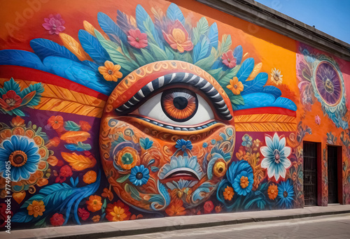 a colorful mural of an eye on a building photo