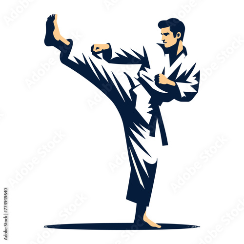 Man taekwondo athlete full body design illustration, male taekwondo martial art player, fight sport, kicking attack technique. design template isolated on white background