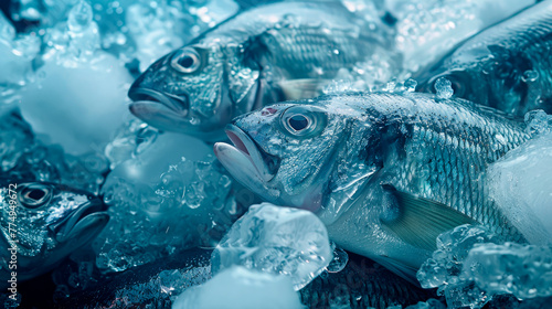 Frozen fish lying on ice in the counter at the store. © graja