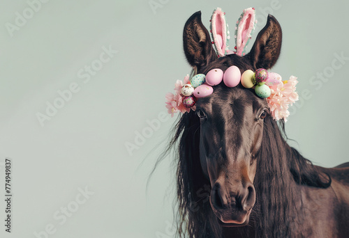 portrait of a friesian horse with easter eggs and bunny ears. easter concept