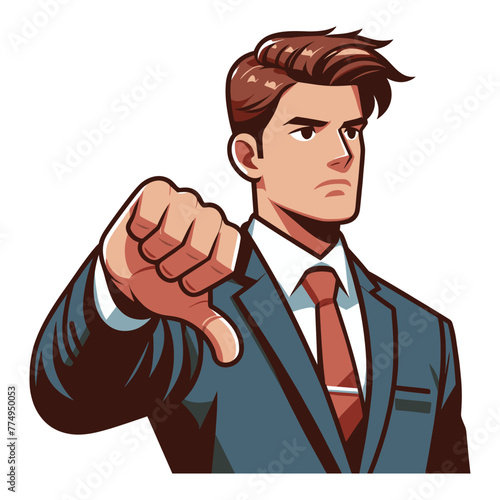 Man showing thumbs down design illustration, unhappy male gesturing dislike, disapproval sign, negative expression, disagreement. vector template isolated on white background