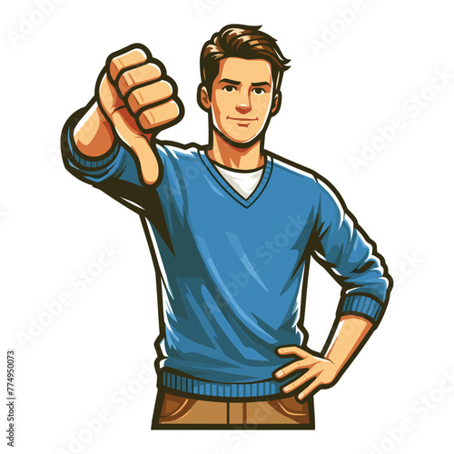 Man showing thumbs down design illustration, unhappy male gesturing dislike, disapproval sign, negative expression, disagreement. vector template isolated on white background