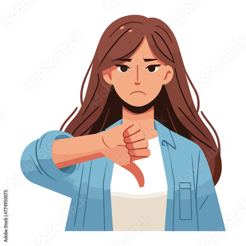 Woman showing thumbs down vector illustration, unhappy girl gesturing disapproval sign, dislike, disagreement, negative expression. design template isolated on white background