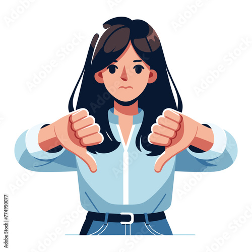 Woman showing thumbs down vector illustration, unhappy girl gesturing disapproval sign, dislike, disagreement, negative expression. design template isolated on white background