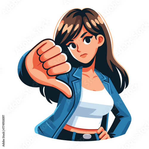 Woman showing thumbs down vector illustration, unhappy girl gesturing disapproval sign, dislike, disagreement, negative expression. design template isolated on white background